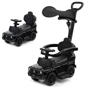 COSTWAY 3 en 1 Mercedes-Benz Porteur Enfant avec Poignée Détachable & Auvent Amovible, Voiture à Pousser Bébé avec Volant & Klaxon, Espace Caché & Repose-Pieds, Charge 25kg pour 1-3 Ans (Noir) (FDS GmbH, neuf)