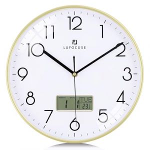 Lafocuse 30cm Horloge Murale Calendrier LCD avec Date Thermomètre, Moderne Silencieuse Pendule Murale Or, sans Tic-tac Déco pour Salon Chambre Bureau Cuisine (QuareBest, neuf)