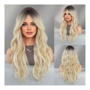 Perruques, Mode cheveux longs boucl&eacute;s lait th&eacute; brun perruque femme huit chiffres frange grande vague fibre chimique pleine t&ecirc;te ensemble perruque brune,pour femmes(Beige brown) (xinhaung, neuf)