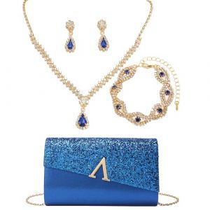 OUAYEMEL Sac &agrave; Main Brillant pour Femmes, Sac &agrave; Main &Eacute;tincelant et Brillant pour Soir&eacute;e, Mariage ou Bal, Ensemble de 4 Pi&egrave;ces de Bijoux &agrave; Strass Bleu (Royalmal, neuf)