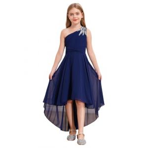 Miaeowve Robe de Soirée Enfant Fille Carnaval Robe Princesse Une Epaule à Strass Plissé Robe Demoiselle d'honneur Mariage Cérémonie Robe de Fête Bal 6-16 Ans Bleu Marine 13-14 Ans (Miaeowve, neuf)