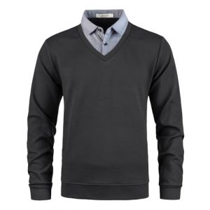 Yukirtiq Pull Homme avec Faux col de Chemise Aotonne Hiver Pull-Over Sweat Manche Longue Pulls avec col Chemise, Noir+Gris, L (Yukirtiq, neuf)