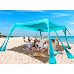 abask Tente de Plage Anti UV UPF50+, 3.0m x 3.0m Sunshade portative d'auvent avec 4 Pièces Poteaux en Aluminium, 8 ancrages de Sac de Sable, Abri Extérieur pour la Plage, Camping ou Pique-Niques, Cyan (JAKON HERC, neuf)