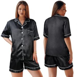 ACWOO Ensemble de Pyjama pour Femme en Satin, Pyjamas Set Satin Femmes, Vêtements de Nuit en Soie Boutonnée à Manches Courtes, Pyjama en Satin de Soie pour Femme (AOGOE-EU, neuf)