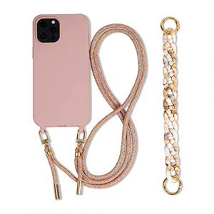 Emlivi Coque cha&icirc;ne de t&eacute;l&eacute;phone Compatible avec iPhone 12 TPU &eacute;tui pour t&eacute;l&eacute;phone 3 en 1 Bracelet Lanyard Coque en Silicone Souple avec Collier De Perles Coque pour iPhone 12, Sable Rose (Emlivi, neuf)