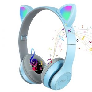 LIFEJXWEN Casque Bluetooth sans Fil pour Enfants, Casque Oreillas de Chat Casque Audio St&eacute;R&eacute;O sans Fil Pliable avec LED Lumineuse, FM/Carte SD/R&eacute;Pondre &agrave; l'appel, pour Enfants et Adultes (Bleu Blanc) (BANANA PEAKS LIMITED, neuf)