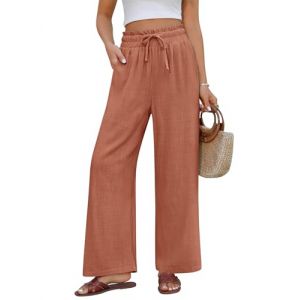 PASUDA Pantalon Femme &Eacute;t&eacute; Lin Pantalons D&eacute;contract&eacute;s Pantalon Taille Haute Elastique Pantalon en Coton Chanvre L&eacute;ger Large Pantalon Fluide Ample avec Poches (Marron, L) (Amutoo, neuf)