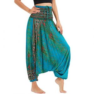 Nuofengkudu Femme Hippie Sarouel Combinaison Pantalon Bretelles Jumpsuit Taille Haute Large Boheme Fleuri Imprimé Leger Grande Thai Yoga Pants Homewear Coloré Ete Plage N Paon Laque Vert (better Life, neuf)