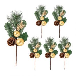 23GUANYI 6 Pics Pomme de Pin Decorative, 31 CM Decoration Noel Baies Dor&eacute;es, Feuilles Poinsettia Vertes Forme Pomme Pin, Branche de Sapin Artificiel pour Remplir Vases D&eacute;corer Couronnes (23GUANYI, neuf)