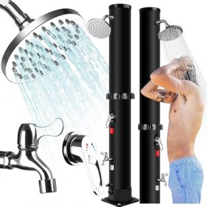 Douche Solaire 60L - Douche de Jardin Solaire Chaude avec Robinet et pommeau de Douche à Effet Pluie, Température Réglable Jusqu'à 60°C, Douche Solaire Exterieure Idéal pour Piscine Plage (Noir 60L) (Lilidirect, neuf)