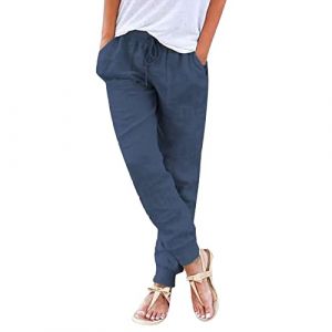 Pantalon Coton Lin Femme, Pantalons Fluide Femme Sarouel été Léger Décontractés Mode Pantacourt Confortable Rétro Pants Chic Elegant Taille Elastique Pantalons De Sport Jogging Baggy Yoga avec Poches (Zhiyao(Exclusif à 50%-80% réduction), neuf)