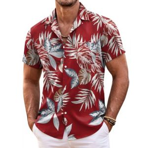 COOFANDY Funky Chemise hawaïenne pour Hommes Manches Ccourtes Chemise a Fleur Palmiers Océan Plage Aloha Rouge- Feuille XXL (COOFANDY EU, neuf)