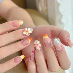 Faux Ongles Court MouyouGlow,Amande Nude Color&eacute; French 3D Fleurs Florales Et&eacute; Press on Nails avec Colle &agrave; Ongles,Natural Multiple Color Tips Flowers Y2K INS Fake Nails (Mijisuper1985, neuf)