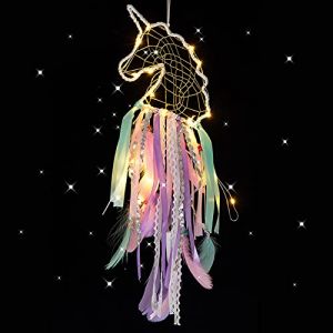 CHMMY Attrape Rêve Licorne Lumineux,Decoration Chambre Fille Fait Main Lumineux Attrapeur de rêves Plume Tapisserie Bohémien Accueil Chambres Mur Pendaison Mariage Décoration Ornements (zexingxinxi, neuf)
