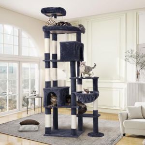 Globlazer Arbre a Chat XXL, Arbres à Chats Géant Hauteur 213 cm avec 2 Niches, Plateformes, Perchoirs, Panier, Griffoirs en Sisal, Tour a Chat Grandes pour Gros Chats D'Intérieur (F83, Gris Foncé) (Globlazer For Your Pet, neuf)
