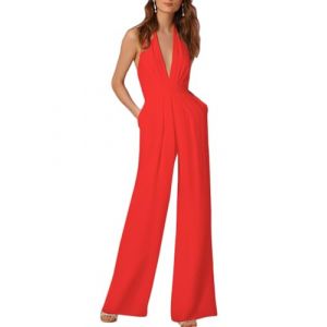 nicticsi Femme &Eacute;l&eacute;gante Col V Profond sans Manches Dos Nu Jumpsuit Playsuit Rompers Bustier Licou Combinaison Pantalon Large Soiree B-Rouge XS (Reversal Destiny, neuf)