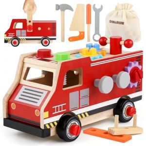 DINORUN Outils Enfant Jouet en Bois, Boite a Outils, Camion de Pompier Voiture Enfant, Montessori Jeux, 47 Pi&egrave;ces Jeux avec Bo&icirc;te &agrave; Outils, Cadeau Garcon Fille 3 4 5 Ans (Creative and Play, neuf)