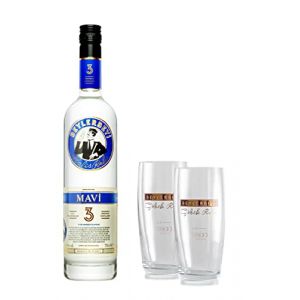 RAKI Beylerbeyi | Lot de 1 Bouteille de Mavi Raki Turc de 70cl + 2 Verres à Raki | Eau de Vie Turque Aromatisée à l'Anis - 100% Raisins Frais - Sans Sucres Ajoutés (BEYIM, neuf)