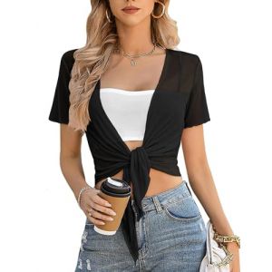 Boléro Femme Chic et Élégante Boléro manches courtes Côtelée Été Élégant Veste Court Boléro Robe Cardigan Ouverte Devant Cardigan Transparent Léger Nouveau Plain Fish Net Tricoté Tie Up Top Noir,XXL (FUZHOUJINGSI-EU, neuf)