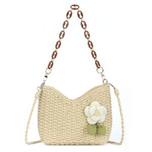 EVEOUT Sac Bandoulière en Rotin avec Fleur Femme été Boho Sac Panier Raphia Tissé avec Chaîne Sac Fourre Tout Paille pour Plage Vacances(Beige) (EVEOUT, neuf)