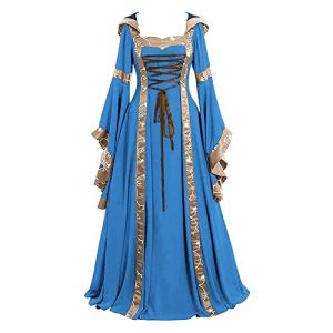 Robe medievale Femme avec Capuche Retro Robe Renaissance Grande Taille Manches Trompette Maxi Costume Moyen Age Ceinture Cravate Palais Deguisement Adulte de Cocktail pour Halloween (Blue, L) (FATUS, neuf)