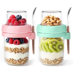 Valyrane Lot de 2 Overnight Oats Jar, 480ml+120ml Pot Yaourt en Verre avec Couvercle, Pots &agrave; Yaourt en Verre pour le travail, l'&eacute;cole et les voyages (Desi Import LTD, neuf)