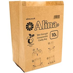 Alina - Sac poubelle en papier compostable/doublure de poubelle pour déchets alimentaires/sac en papier biodégradable de 10 litres (marron, 50 sacs) (Alina Ltd, neuf)