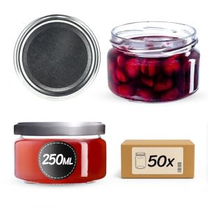 KADAX Lot de 50 bocaux &agrave; confiture avec couvercle Twist-Off fi82 - 250 ml - Herm&eacute;tiques et lavables au lave-vaisselle - En verre &eacute;pais - Choix de bouchons &agrave; vis (argent&eacute;s) (KADAX, neuf)
