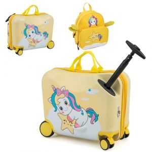 GOPLUS Valise Enfant Fille Garçon, Valise Enfant à Roulettes 18" & Sac à Dos 12", Bagage Voyage Enfant d'Assise avec Repose-pieds, Surface Étanche, Poignée Réglable, Motif Licorne Jaune, Charge 50/8KG (Augenstern24, neuf)