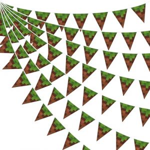 32Ft Vert Marron Pixel Fanion Guirlande Banni&egrave;re D&eacute;coration de F&ecirc;te Verte Brun Mineur Th&egrave;me Tissu Triangle Drapeau Banderole pour Enfants Anniversaire Bapteme Dessin Anim&eacute; Jeu Pixelis&eacute; Decor Suspendue (MZY Co., Ltd, neuf)