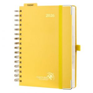 POPRUN Agenda journalier 2026, une page par jour &ndash; [Couverture rigide &agrave; spirales] Agenda 2026 avec calendrier mensuel, poche int&eacute;rieure, papier ivoire TJ-26-WEHBTA5-LYW, jaune clair (Time Works Wonders, neuf)