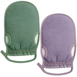 2 Pi&egrave;ces Gants Exfoliants Corps en Fibre Naturelle, Gant de Gommage pour Hammam et Spa, Gant de Douche pour Nettoyage en Profondeur et &Eacute;limination des Peaux Mortes, Violet + Vert (XinKShangMao, neuf)