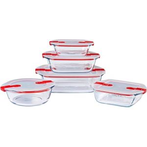 Pyrex Cook & Heat - Lot de 5 Boites - Tailles et Formes Diff&eacute;rentes - Verre Borosilicate - Couvercle H&eacute;rm&eacute;tique sp&eacute;cial Micro-Onde - Made in France (International Cookware SAS, neuf)
