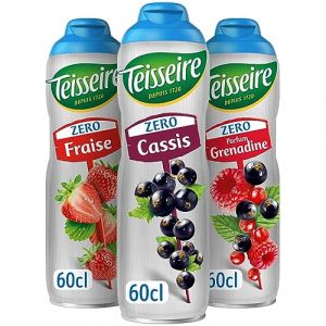 Lot de 3 sirops Teisseire Z&eacute;ro Sucres (Cassis, Fraise, Grenadine) pour Boisson Rafra&icirc;chissante, Cocktails, Bidon Recyclable 3x60cl (THE SIROP SHOP, neuf)