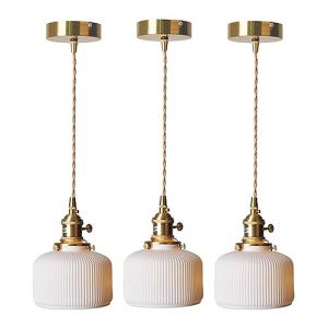 MODEBHD Suspension en céramique rayée, Suspension à Abat-Jour Blanc, plafonnier cylindrique en Laiton, Lustre réglable en Corde, plafonnier Suspendu à Base E27, Chambre à Coucher, Chevet (Jiazheng stor, neuf)