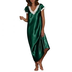 Chemise de Nuit Femme Satin Dentelle Pyjama Sexy &agrave; Col en V Profond Robe Longue Couleur Unie Grande Taille Manches Courte Robe de Nuit Coquin Nuisettes Pleine Slip Chemises Nuit Femme (UoUa1245, neuf)