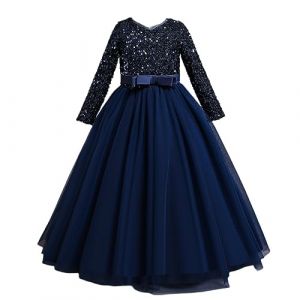 Valin Robe pour Filles Princesse Bleu fonc&eacute; Manches 3/4 Robes de Bal Tulle Robe de Soir&eacute;e de Mariage Enfants Paillettes 9-10 Ans,V318 (Fivebee Fashion, neuf)
