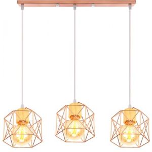 PETITES ECREVISSES Suspension Luminaire Industrielle 3 Lampes Vintage E27 Lustre Abat-jour en M&eacute;tal Design pour Salon Chambre Cuisine (Or rose-Bois-une barre) (DOO2U, neuf)