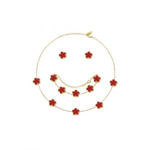 Hanaoops Ensemble de Bijoux Tr&egrave;fle &agrave; Quatre Feuilles pour Femme Fille 18K Plaqu&eacute; Or Acier Inoxydable Tr&egrave;fle &agrave; Quatre Feuilles Collier Boucles d'oreilles Bracelet Set D&eacute;licat R&eacute;glable Cadeau (Red) (GELIYANALY, neuf)