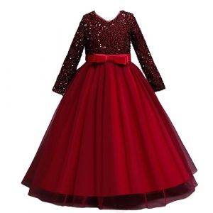 Valin Robe pour Filles Princesse Rouge Manches 3/4 Robes de Bal Tulle Robe de Soir&eacute;e de Mariage Enfants Paillettes 9-10 Ans,V318 (Fivebee Fashion, neuf)