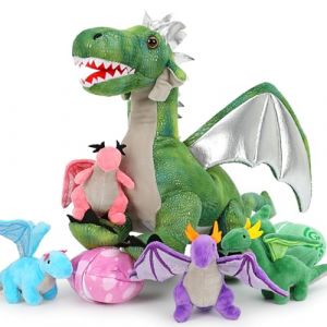 MorisMos Peluche Dragon Vert avec 4 Bebe à l'intérieur, 55cm Kawaii Dragons Jouet en Peluche Douce Réaliste, Idee Cadeau Noel pour Garçons Enfants Filles Anniversaire Fête Decoration (Lanmore, neuf)