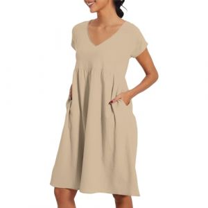 Robe d'été pour femme, longueur genou, robe en lin légère et fluide avec manches courtes, col en V, couleur unie, robe de plage trapèze avec poches, beige, XL (Rifuli, neuf)