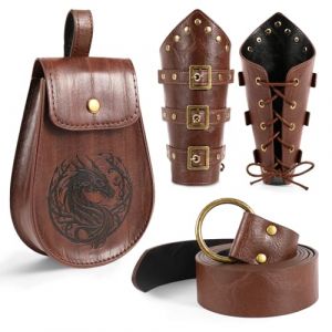 Lot de 4 v&ecirc;tements m&eacute;di&eacute;vaux pour homme et femme - Accessoires Viking - Ceinture Viking - Sac en cuir - Attelles de bras - Vintage Renaissance - D&eacute;coration pour Halloween, cosplay, carnaval, marron (Joyincoser, neuf)