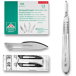 Set avec 100 x lames de scalpel N° 23 - Lame stérile en acier au carbone et 1 x May - manche de scalpel Figure N° 4 en acier inoxydable (Instruments en acier inoxydable de marque May, neuf)