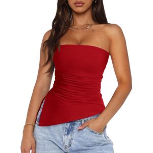 Sukiglam Debardeur Femme &Eacute;l&eacute;gant Bretelles Tube Top &Eacute;t&eacute; Sexy Dos Nu Bustier sans Manches Tunique Haut &Eacute;lastique Slim Fit Y2K Going Out Crop Tops Doux Ruch&eacute; Chemise avec Fente Lat&eacute;rale (Sukiglam Store, neuf)
