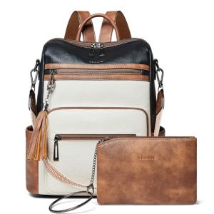 Shrrie Sac &agrave; Dos Femme, Sacs &agrave; Main Port&eacute;s Dos en PU Cuir, &Eacute;l&eacute;gant Imperm&eacute;able Sac &agrave; Dos Antivol Convertible avec Bandouli&egrave;re Amovible pour Travail Voyage College Cadeau-Noir et marron et blanc (Shrrie, neuf)