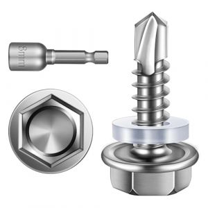 Lot de 25 vis auto-taraudeuses - 4,8 x 19 mm - Vis auto-taraudeuses &agrave; t&ecirc;te hexagonale - En acier inoxydable - Vis &agrave; t&ocirc;le trap&eacute;zo&iuml;dale avec rondelle d'&eacute;tanch&eacute;it&eacute; et cl&eacute; &agrave; douille hexagonale (Aojia, neuf)