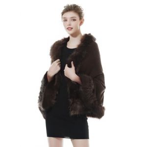 BEAUTELICATE Ch&acirc;le Tricot&eacute; &Eacute;tole en Fausse Fourrure Cape Poncho Chaud De Femme Mariage Hiver sur Robe de Soir&eacute;e Mari&eacute;e(Taille Unique, Motif Rose & Fausse Fourrure - Marron) (BEAUTELICATE-FR, neuf)