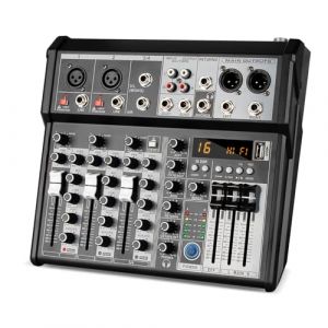 Depusheng Professional Audio Mixer, 4 Channel Audio Interface Sound Board Mixing Console System, 16-Bit DSP DJ Bluetooth Mixer +48V Phantom Effect For Karaoke Studio Streaming Recording (MRAUDIO, neuf)