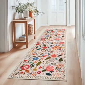 Tapis Couloir Lavable en Machine, Tapis de Passage &agrave; Poils Courts, Motif Floral Vintage, &agrave; Poils Courts, Id&eacute;al pour Cuisine, Salon, Chambre, Bureau ou Chambre d'enfant, Beige et Rose, 80x150cm (Puremy-FR, neuf)